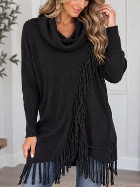 Women's Birch NY Black Cowl Neck Fringe Sweater Size M